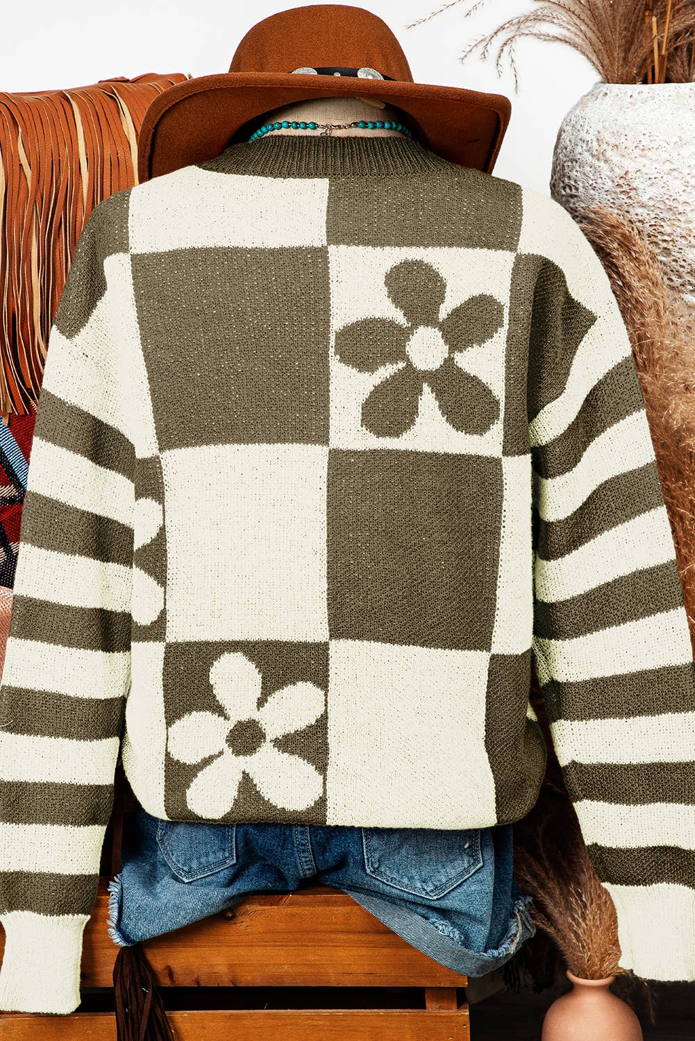 Fashion-W Checker Floral Stripe Sweater*S-2XL