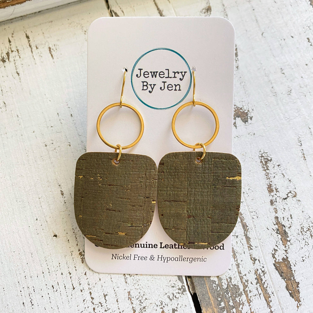 Boho Dangle Earrings: Olive Cork w/Gold Accents