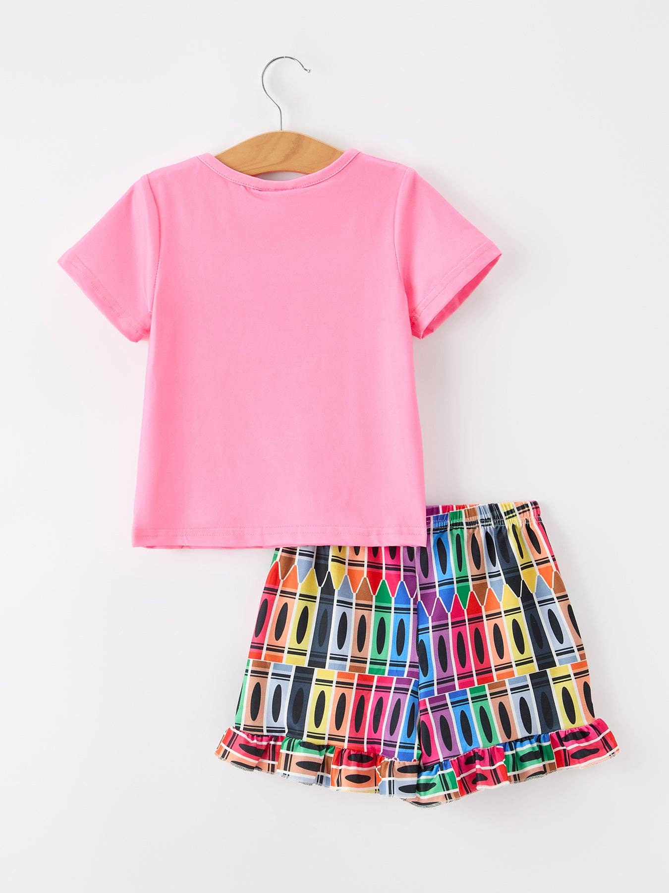 Back to School Crayon Girls Outfit Set Pink Top Ruffle Shorts