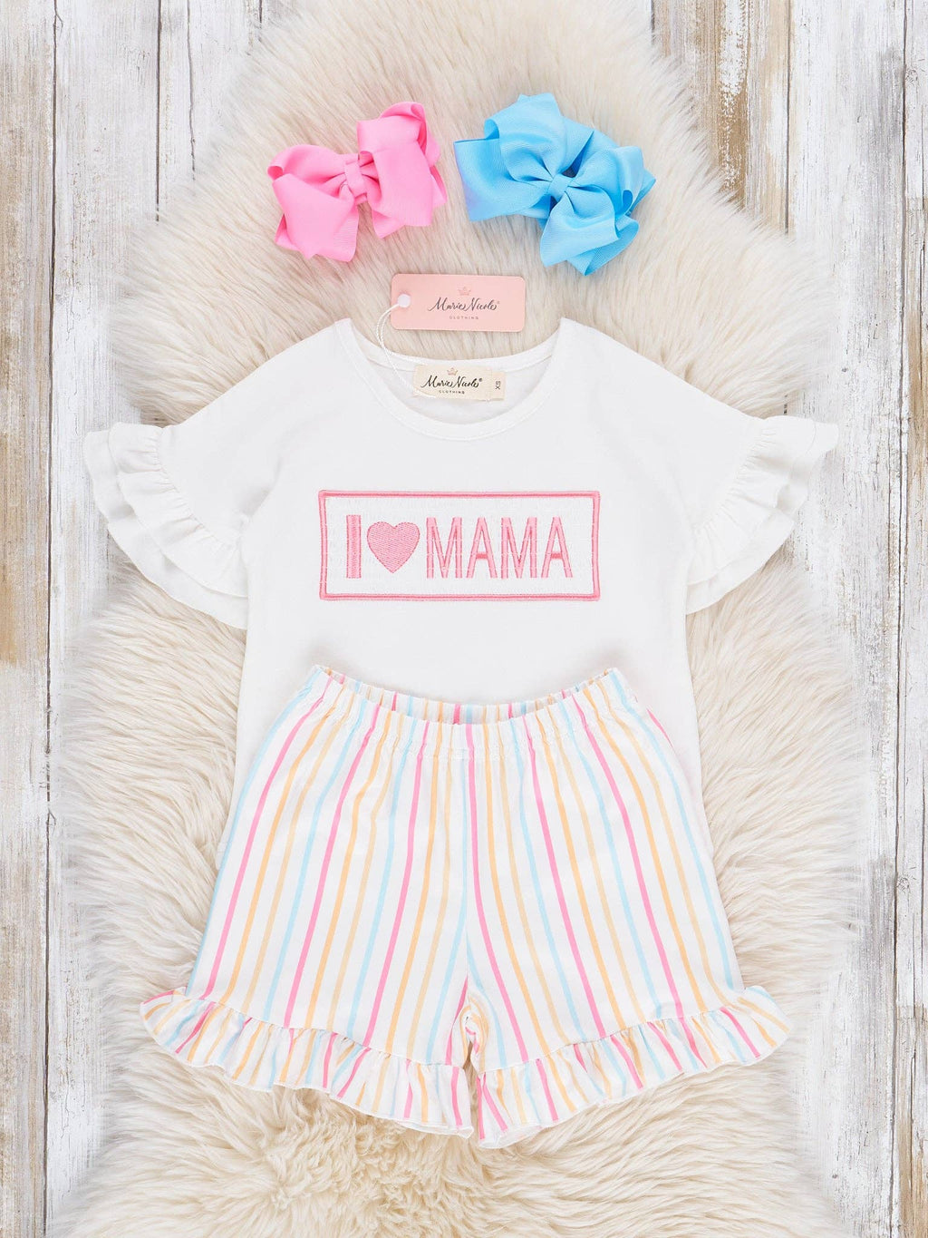 Striped "I Love Mama" Smocked Ruffle Outfit