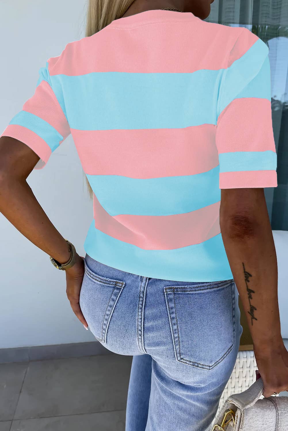 Fashion-W Colorblock Striped Knitted T shirt