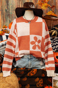 Fashion-W Checker Floral Stripe Sweater*S-2XL