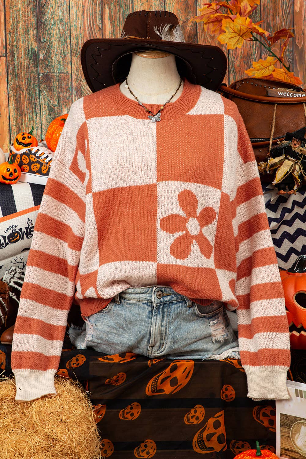Fashion-W Checker Floral Stripe Sweater*S-2XL