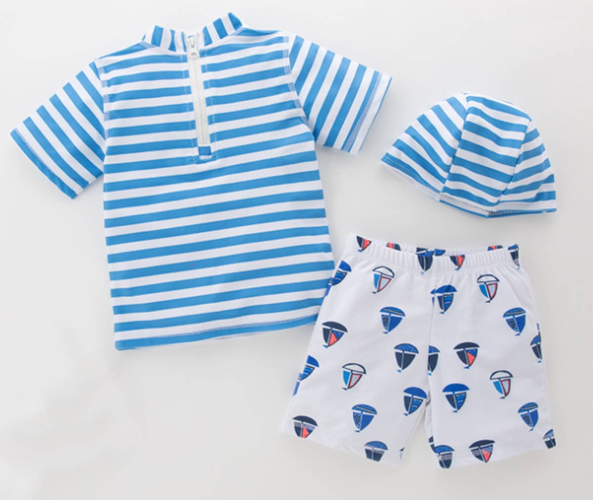 Blue Sailor Boats Striped 3pcs Boy Swimwear Set