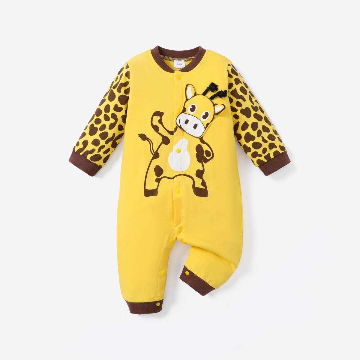 Baby 100% Cotton Giraffe Print Long-sleeve Yellow Jumpsuit
