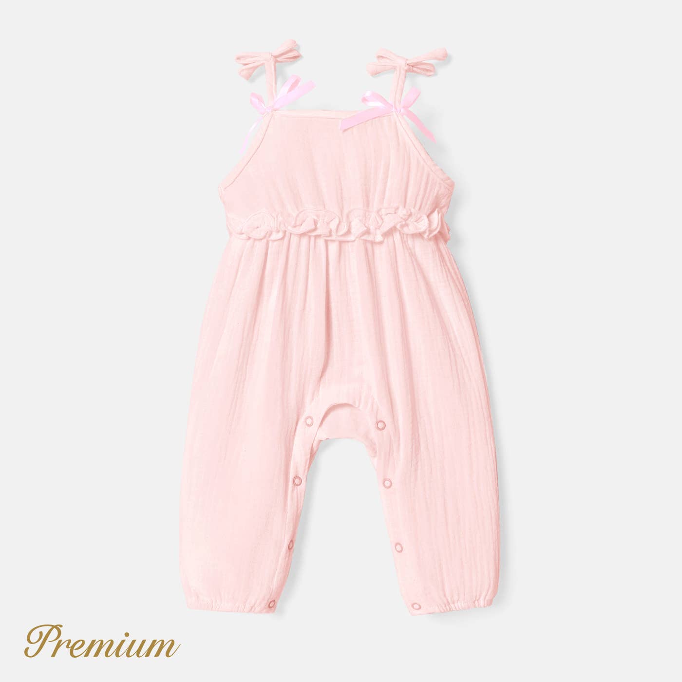 100% Cotton Baby Girl Crepe Bow Decor Solid Cami Jumpsuit