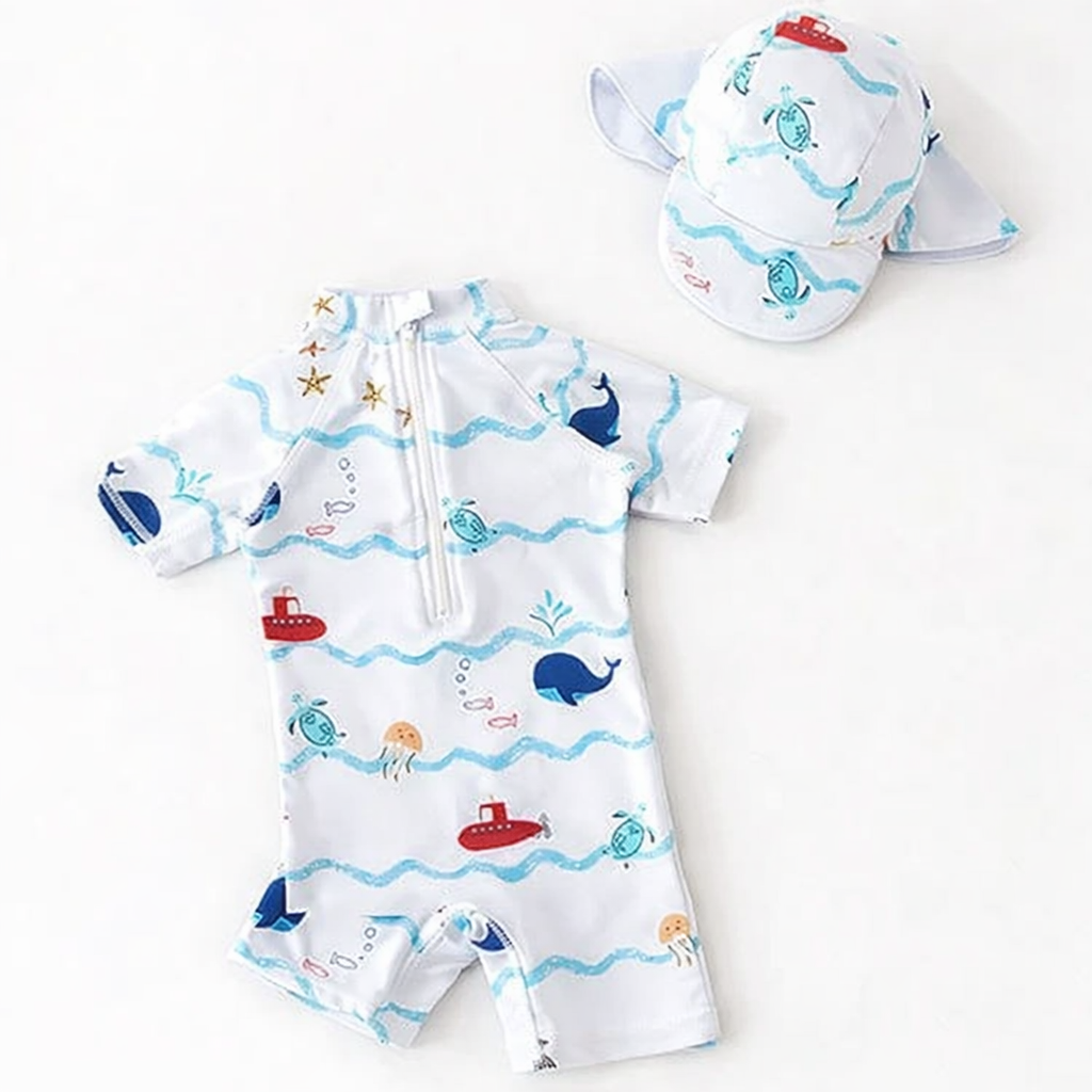 White Sea World Rash Guard & Hat 2-Piece Boy Swimwear