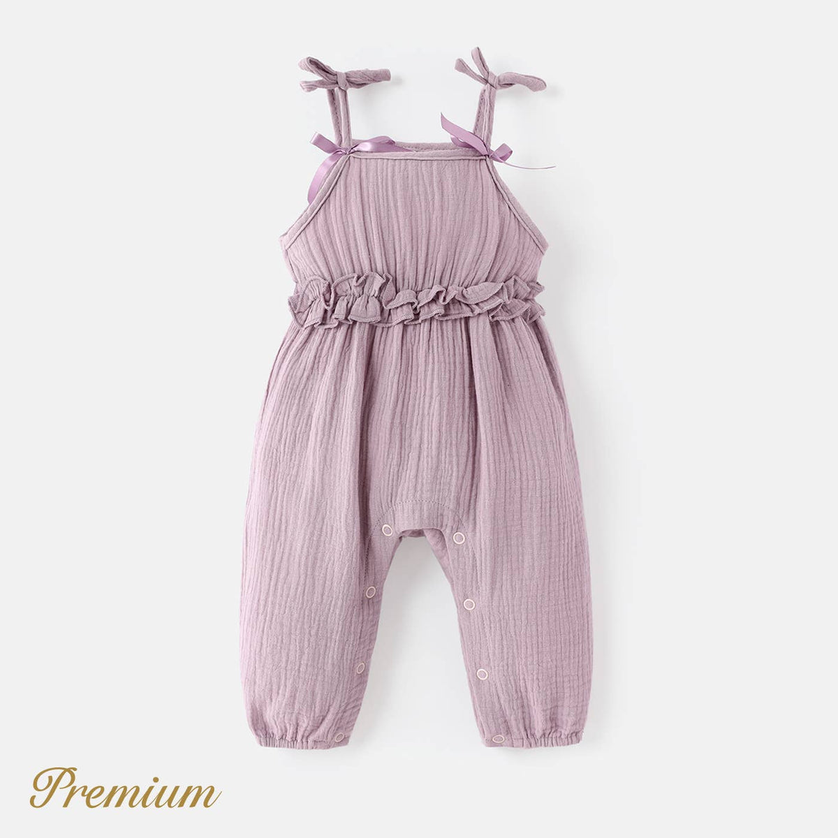 100% Cotton Baby Girl Crepe Bow Decor Solid Cami Jumpsuit