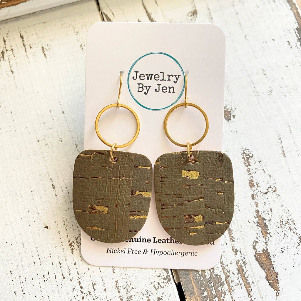 Boho Dangle Earrings: Olive Cork w/Gold Accents