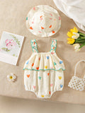 Light Yellow Heart Print Baby Girl Romper Set With Hat