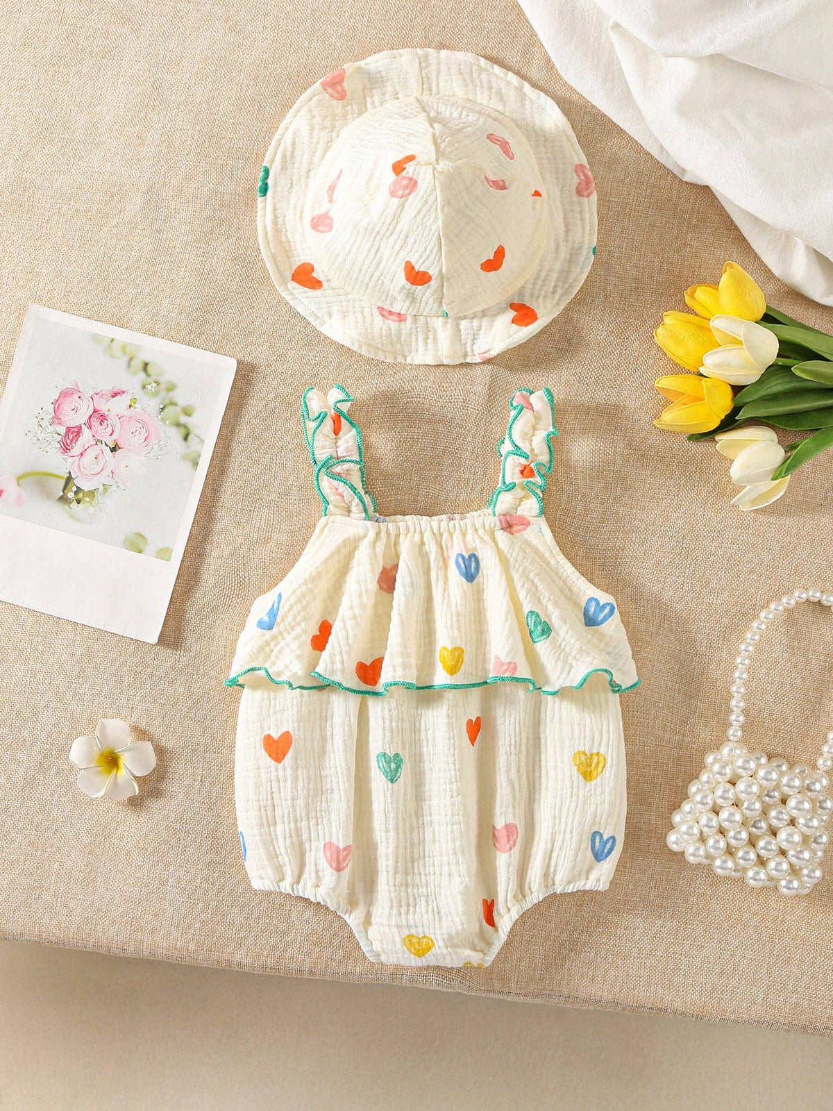 Light Yellow Heart Print Baby Girl Romper Set With Hat