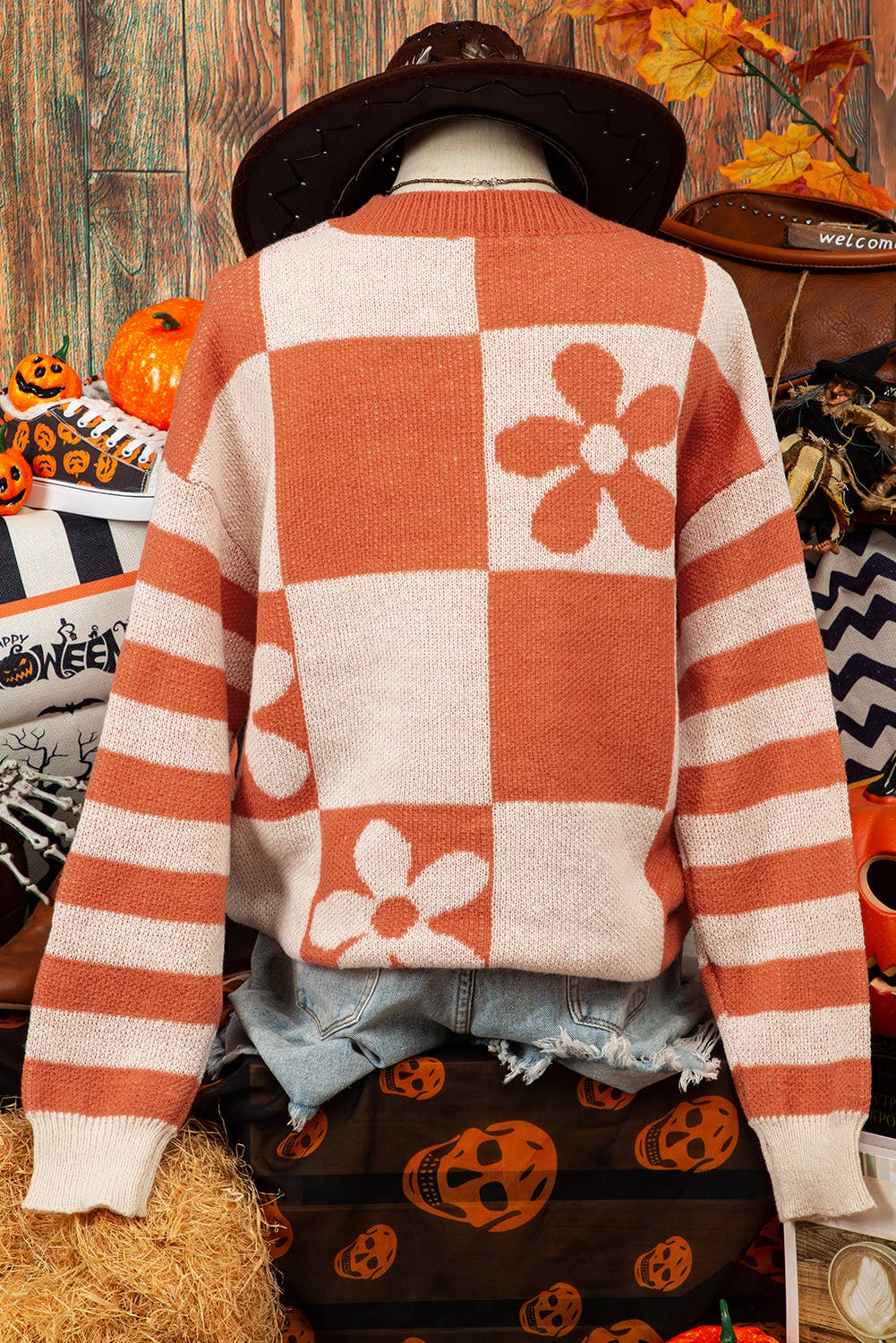 Fashion-W Checker Floral Stripe Sweater*S-2XL