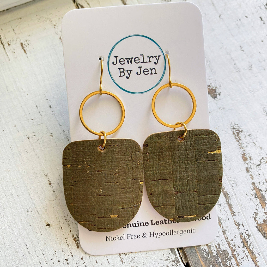 Boho Dangle Earrings: Olive Cork w/Gold Accents