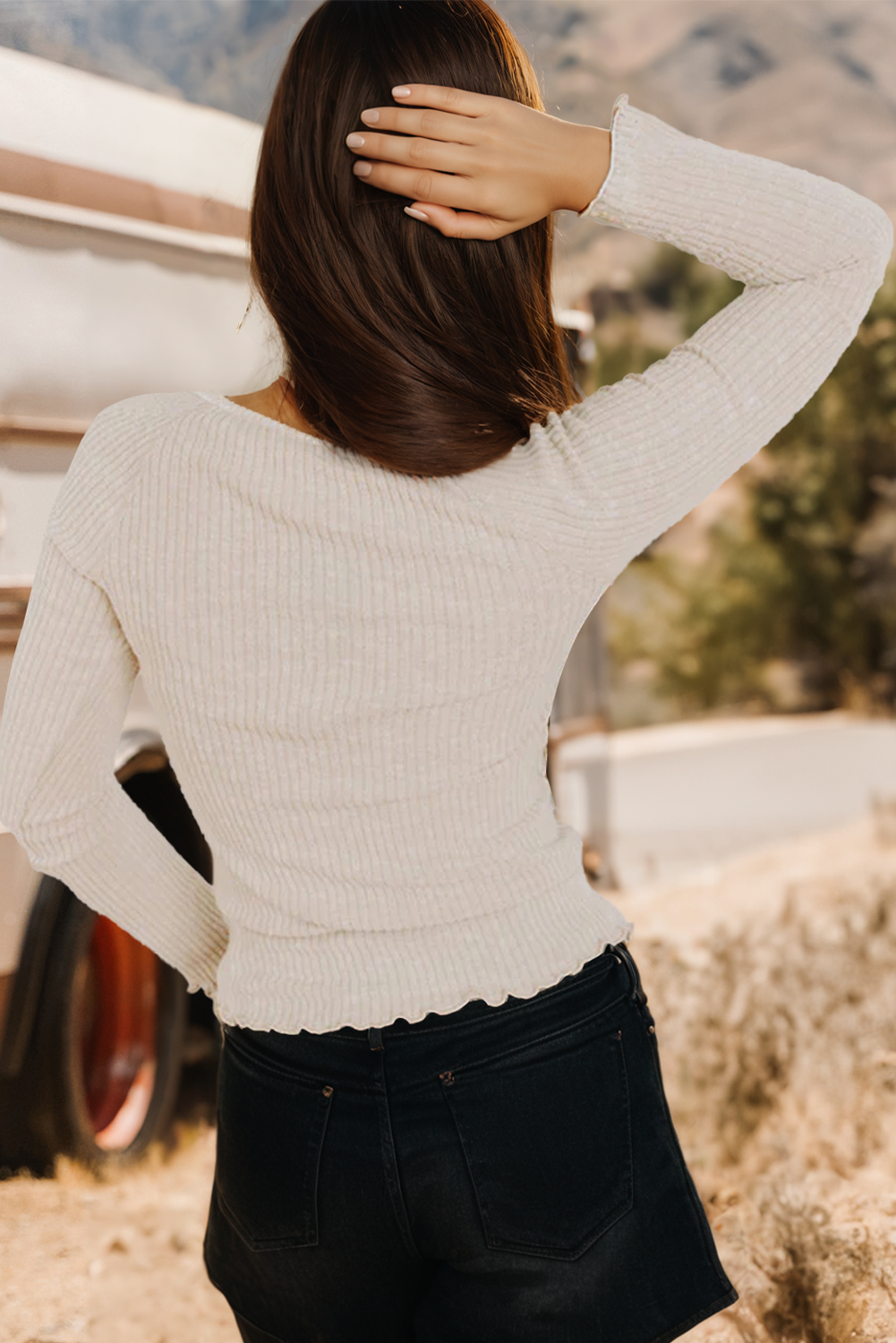 Lace Neckline Button Decor Lettuce Edge Long Sleeve Rib Top