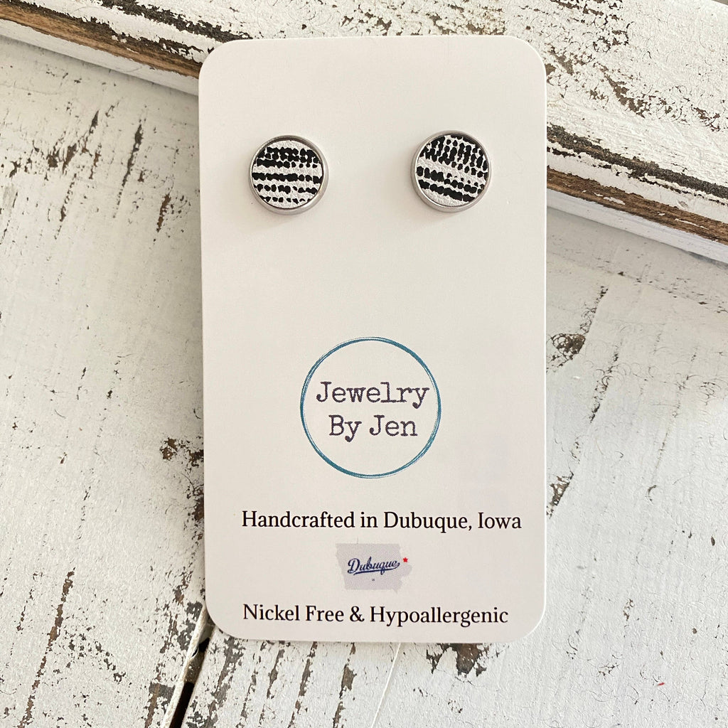 Stud Earrings: White w/Black Dotted Lines