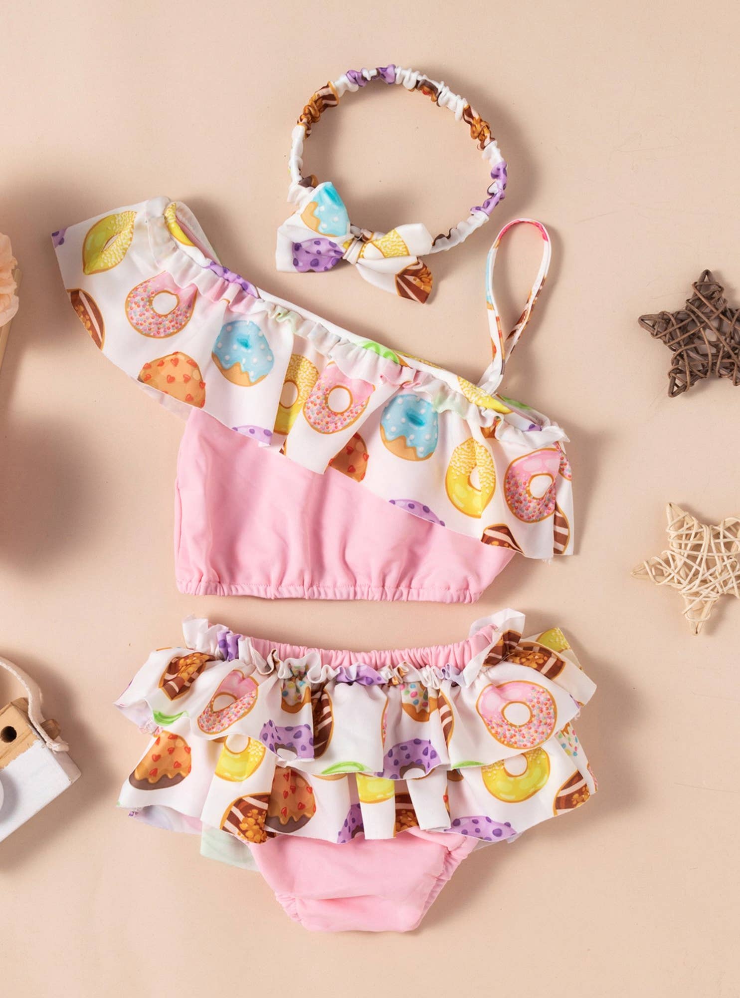 Donut Print Pink Flounce 3pcs Baby Girl Swimsuit